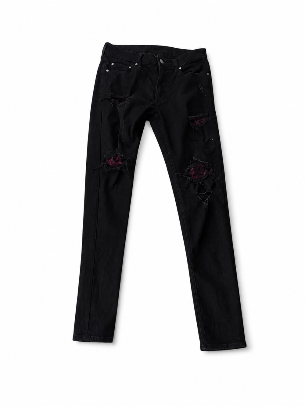 Hollister Black Distressed Skinny Jeans with Maroon Plaid Patches